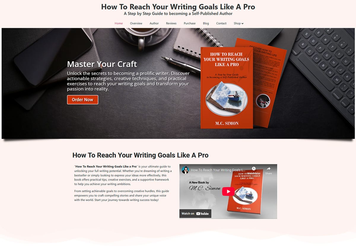 Writing Goals Mastery – Custom Author Website Design by WritersPayItForward Professional author website design example - Writing Goals Mastery homepage featuring clean WordPress layout for productivity coaching author