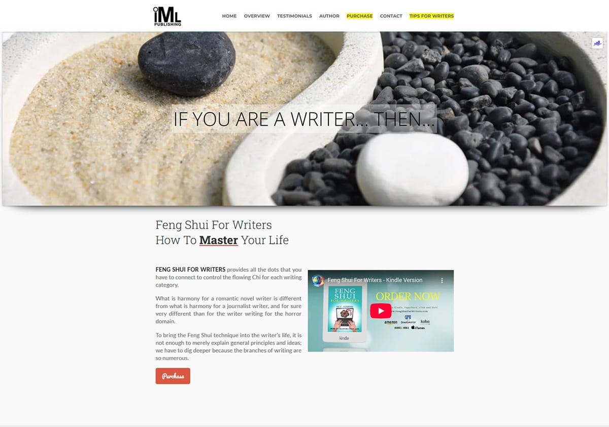 Feng Shui for Writers – Professional Author Website Portfolio Example Custom WordPress author website design sample - Feng Shui for Writers featuring professional layout with book promotion and author branding