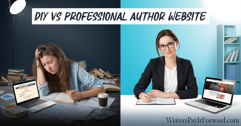 DIY vs Professional Author Website Design Comparison 2025 Self-published author website comparison: DIY vs professional design showing frustrated author versus confident author with organized workspace