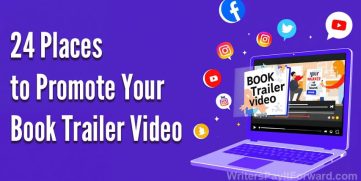 Illustration of an author sharing a book trailer video on various social media platforms like YouTube, Facebook, and Instagram