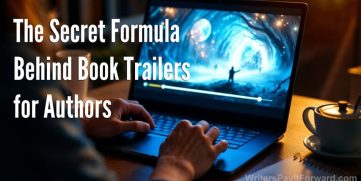 Author exploring book trailers for authors on a laptop, surrounded by books and story notes