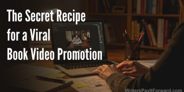 Author working on a book video promotion at their desk with laptop, story notes, and creative planning materials