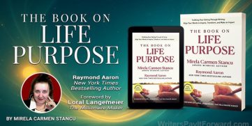 Promotional banner for The Book on Life Purpose by Mirela Carmen Stancu, featuring Kindle and paperback covers with Raymond Aaron and Loral Langemeier